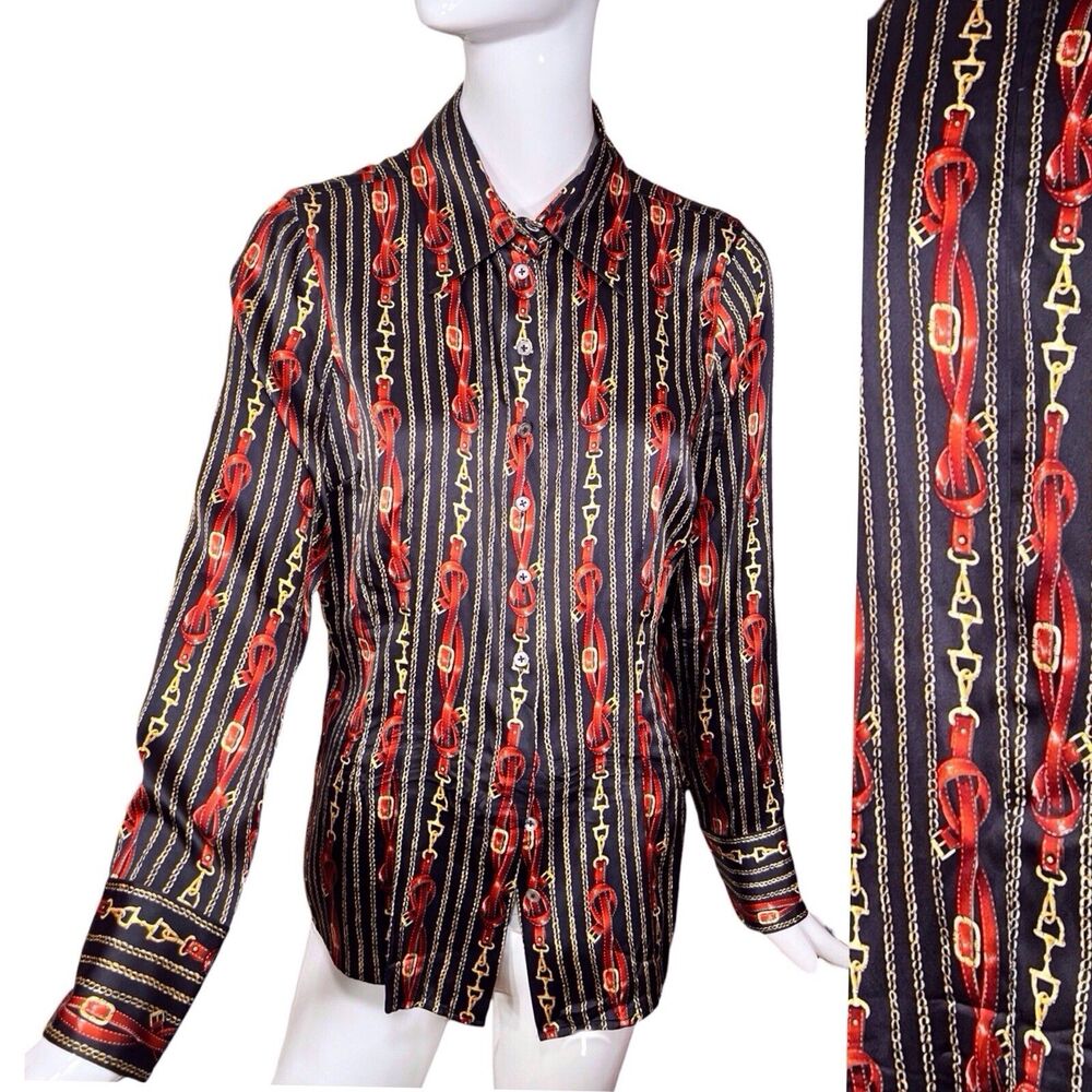EYE Brand Sz 10 Silk Blend Fancy Career Equestrian Belt Chain Button Blouse